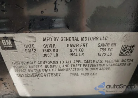 2012 Chevrolet Sonic 2Lt из США, поврежденный, VIN 1G1JC6SH0C4175307